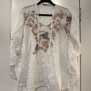 Johnny Was White Embroidered Tunic with Blue & Pink Floral Motif
